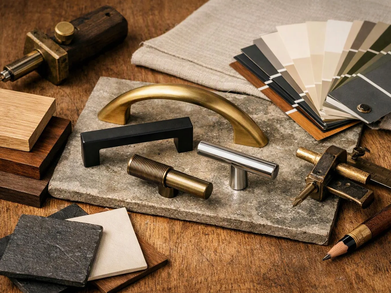 Assorted metal cabinet handles and color swatches rest on a wooden table with sample stones and wood pieces