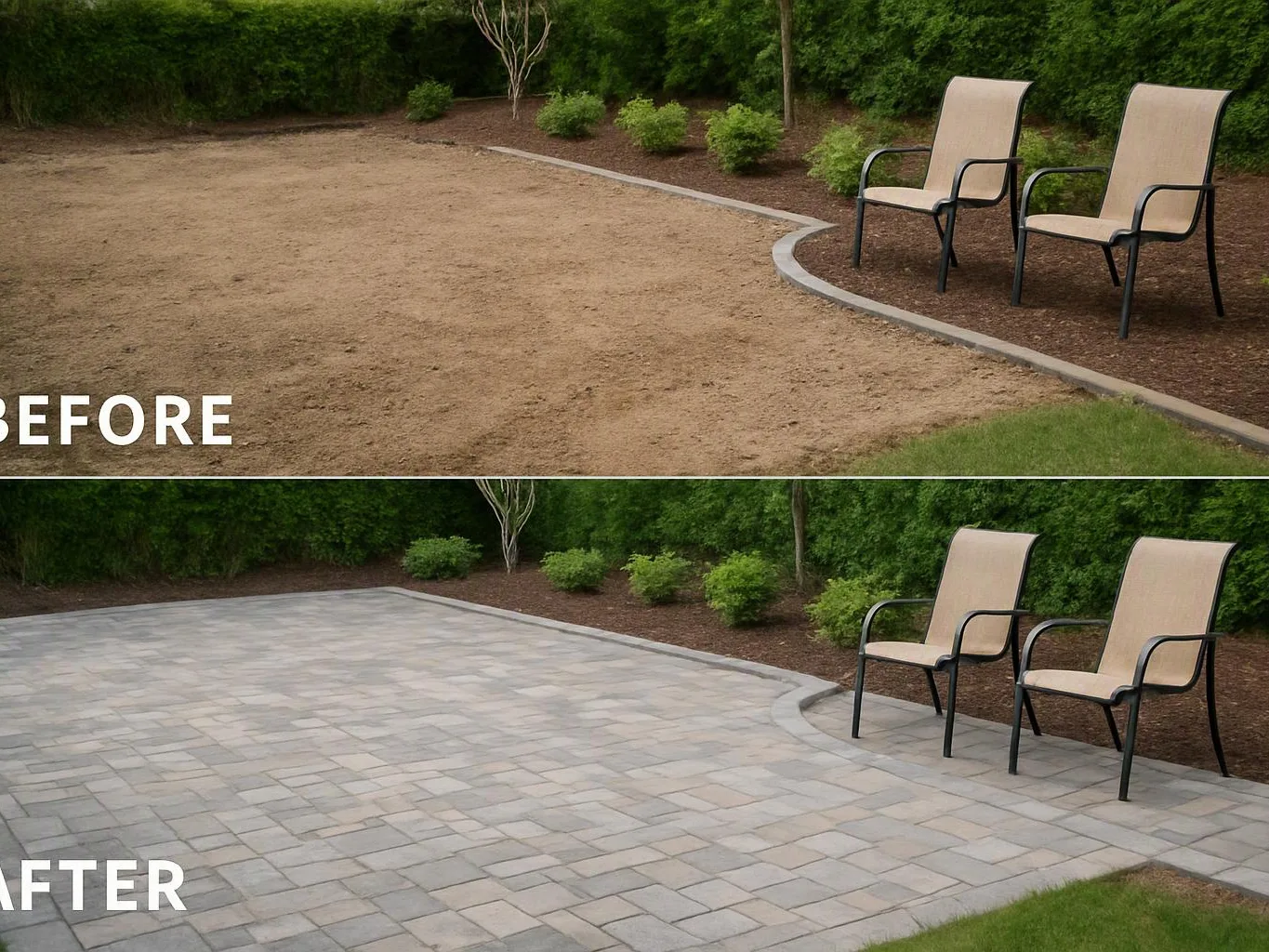 A backyard patio shows bare dirt above and a paved stone surface below, with two chairs beside green shrubs