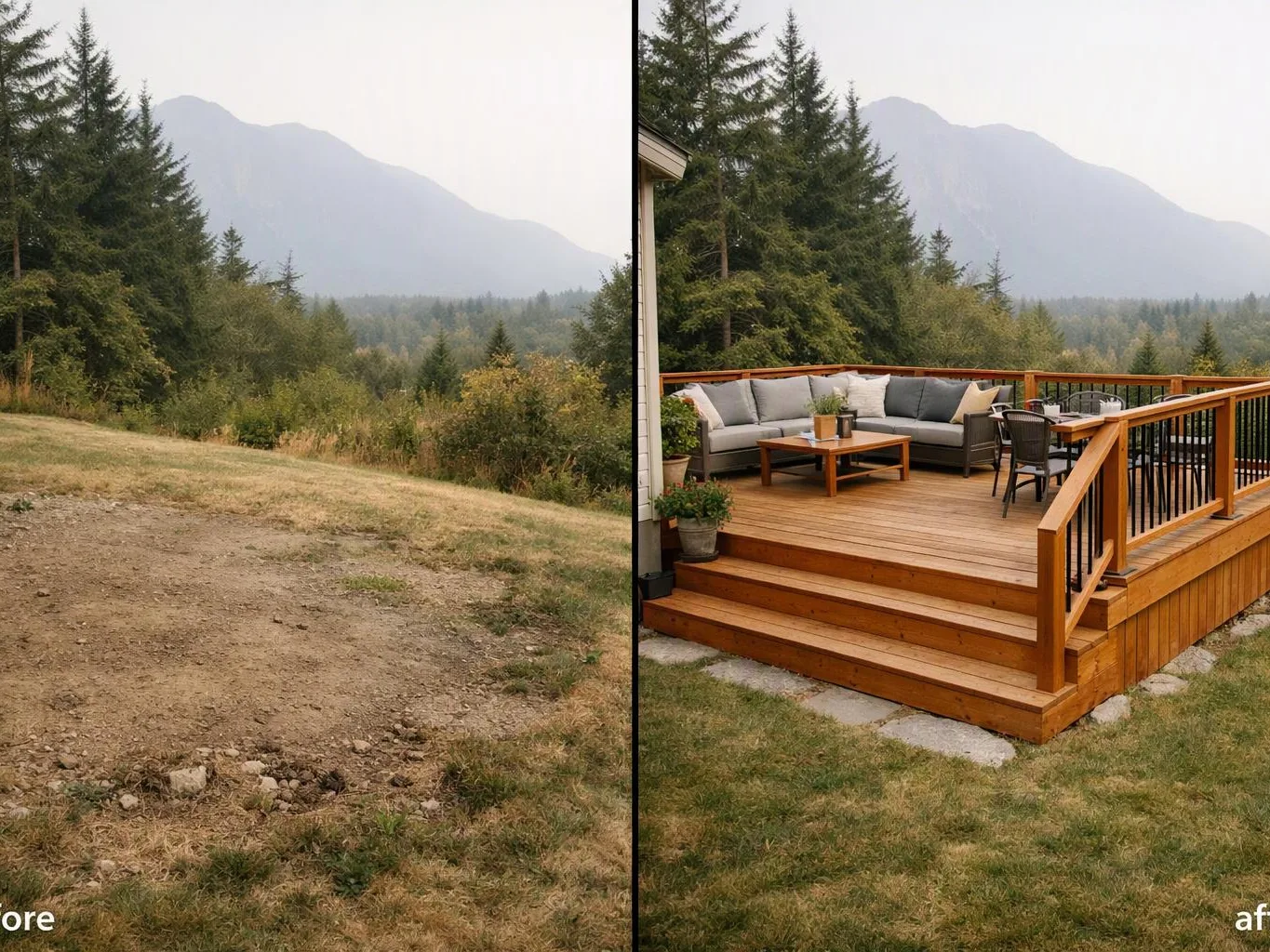 A bare dirt clearing sits beside a furnished wooden deck with mountain views and evergreens