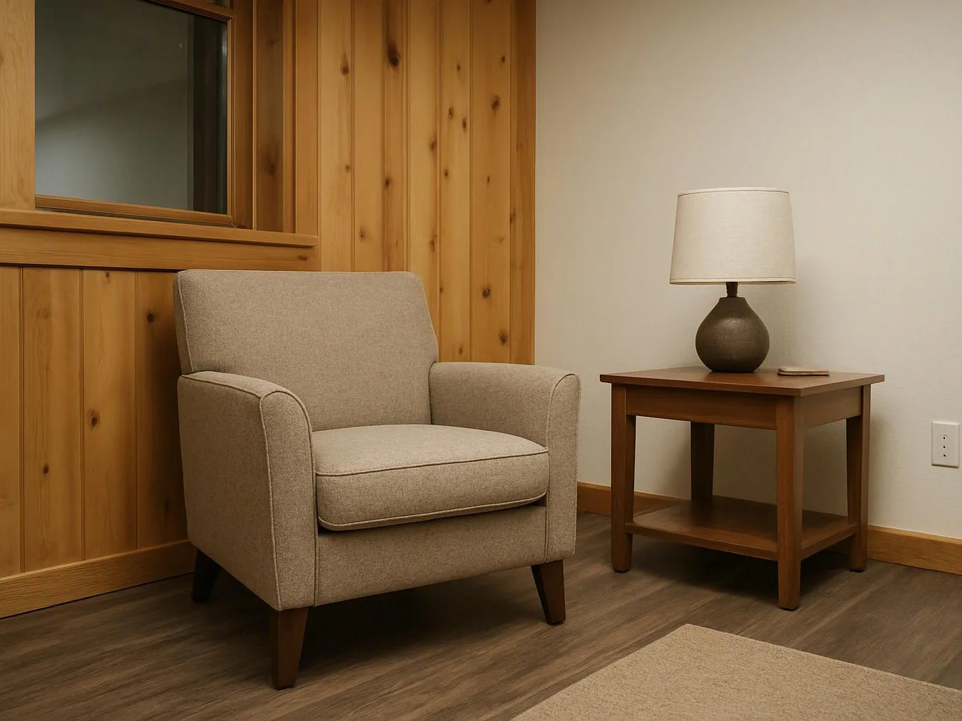 A beige armchair sits beside a wooden side table with a lamp in a simple room