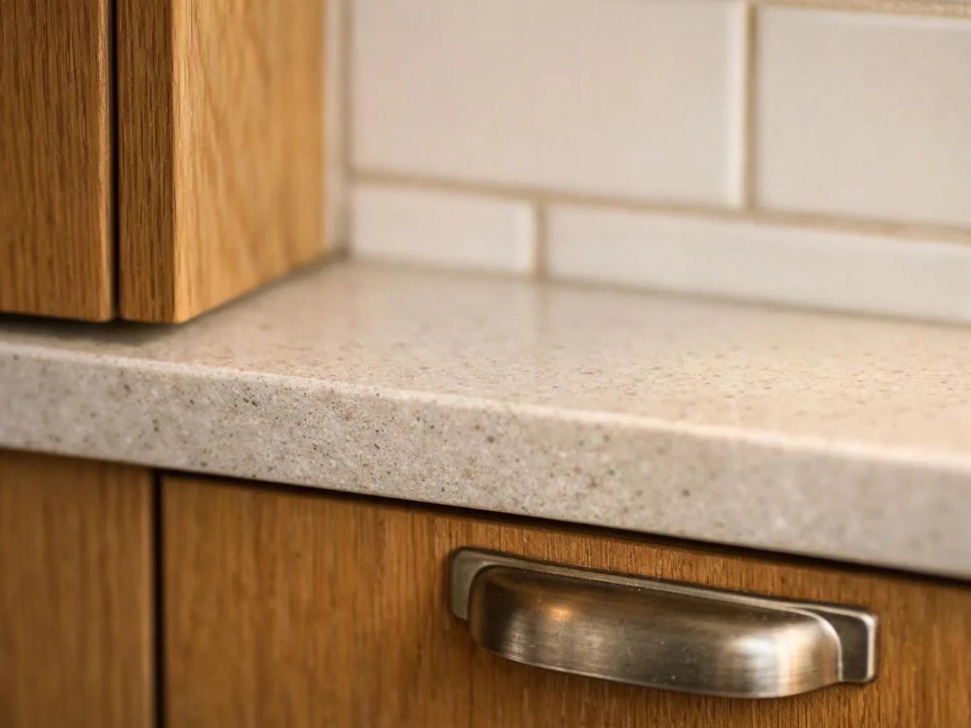 A beige countertop meets wood cabinets with a metal handle and white tile backsplash in a kitchen
