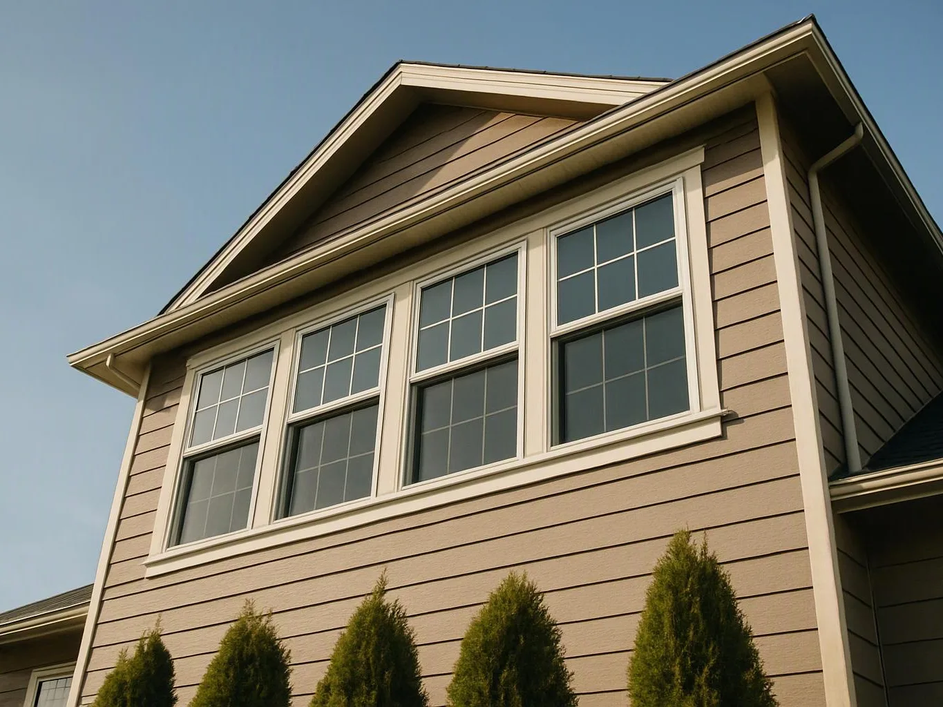 A beige house exterior with large white-trimmed windows sits under a clear blue sky