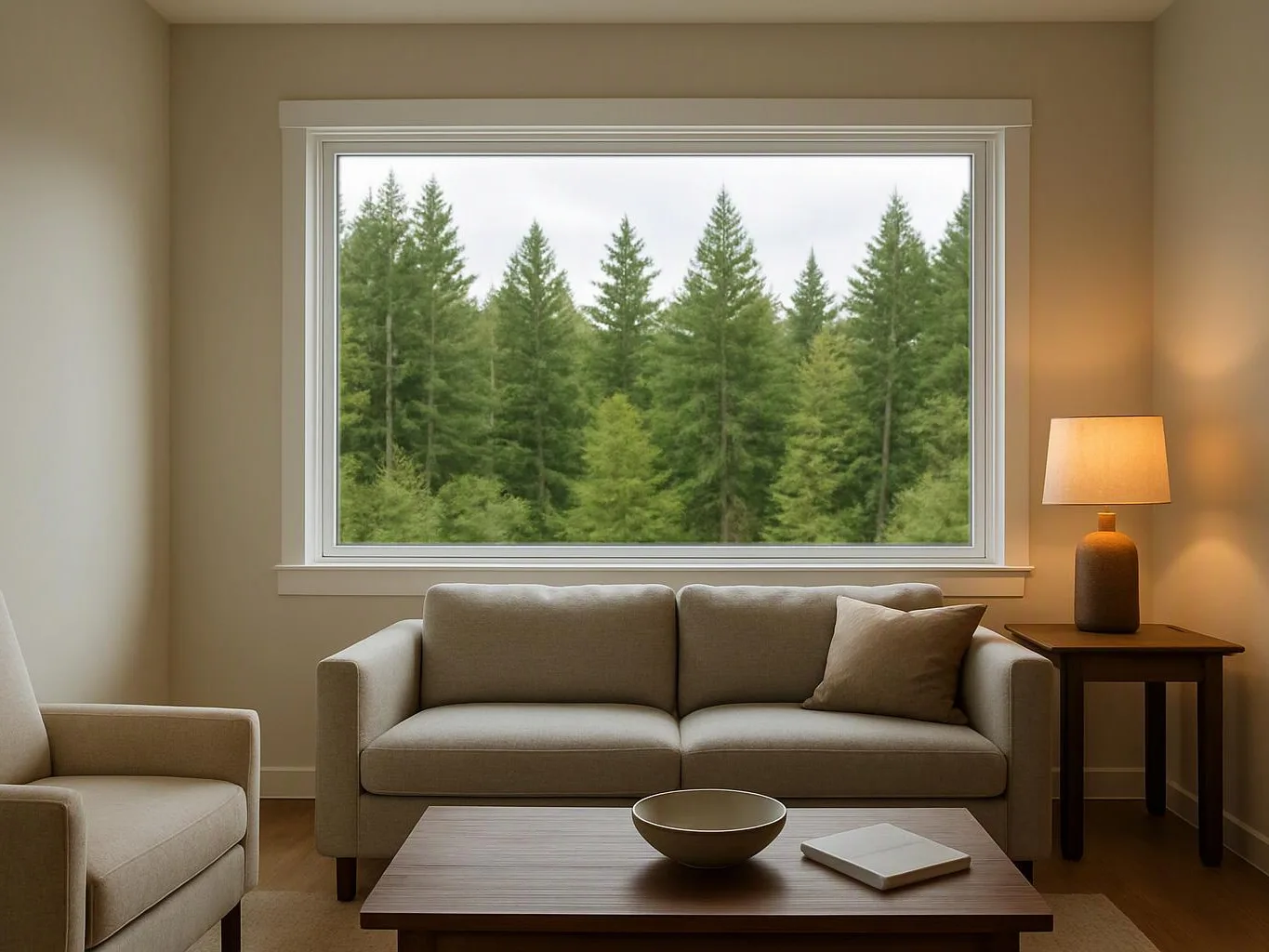 A beige living room has a sofa, armchair, lamp, and coffee table facing a large window with pine trees outside