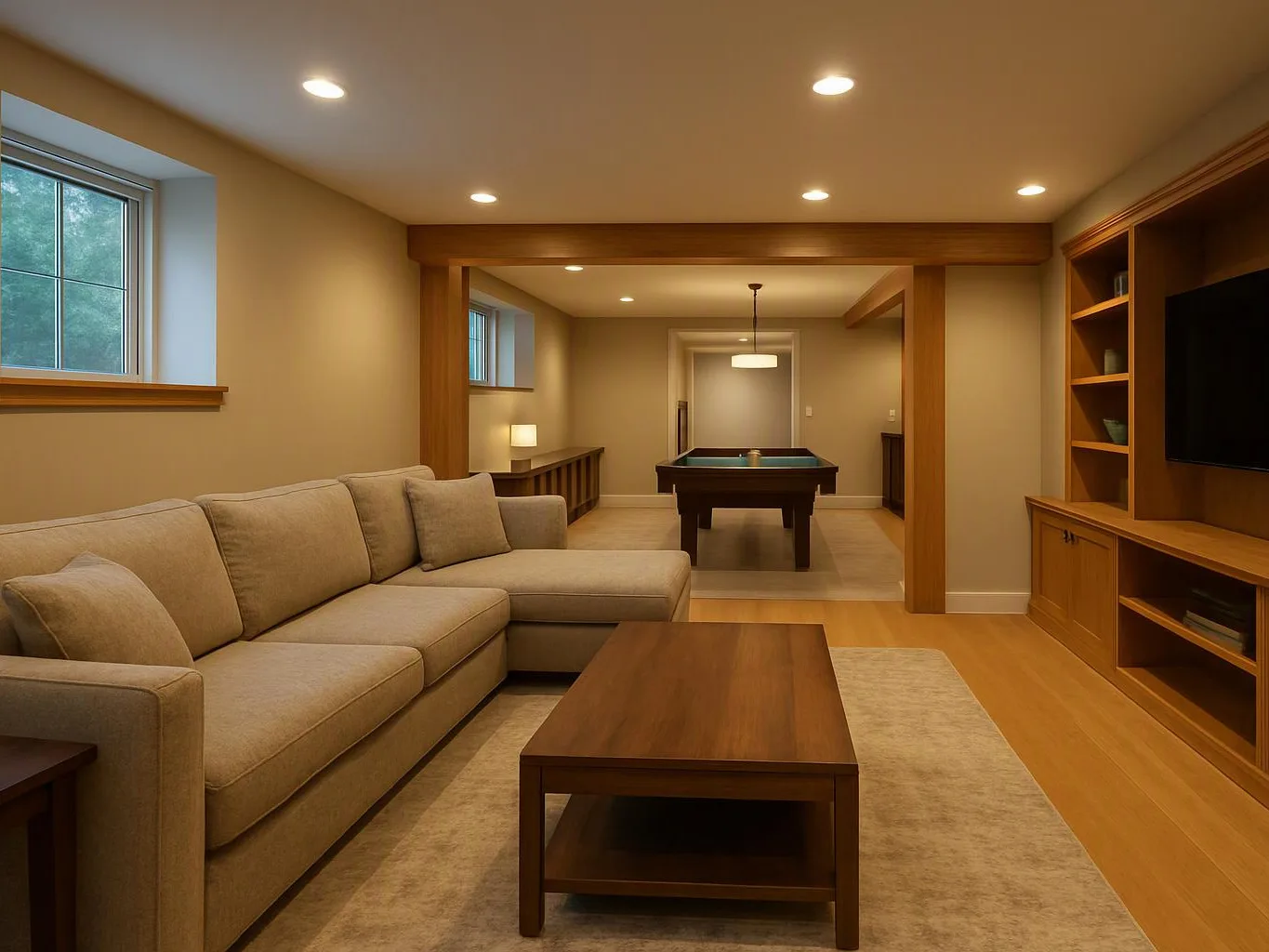 A beige living room opens to a game room with a pool table, wood trim, and built-in shelves