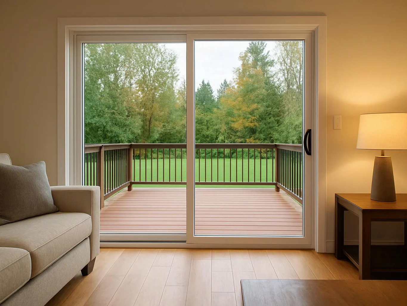 A beige living room opens through sliding glass doors to a wooden deck and green trees