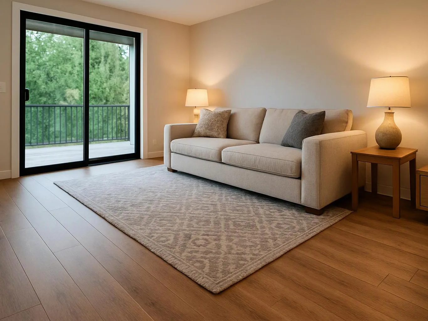 A beige sofa with lamps sits in a bright living room beside a sliding glass door and rug