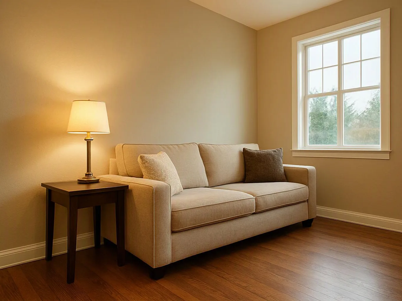 A beige sofa sits beside a lit table lamp and a bright window in a bare room