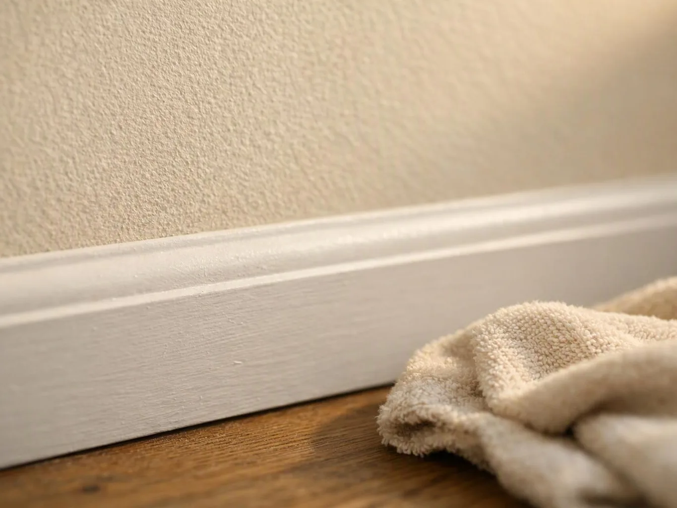 A beige wall meets white baseboard above a wooden floor with a crumpled cloth in the corner