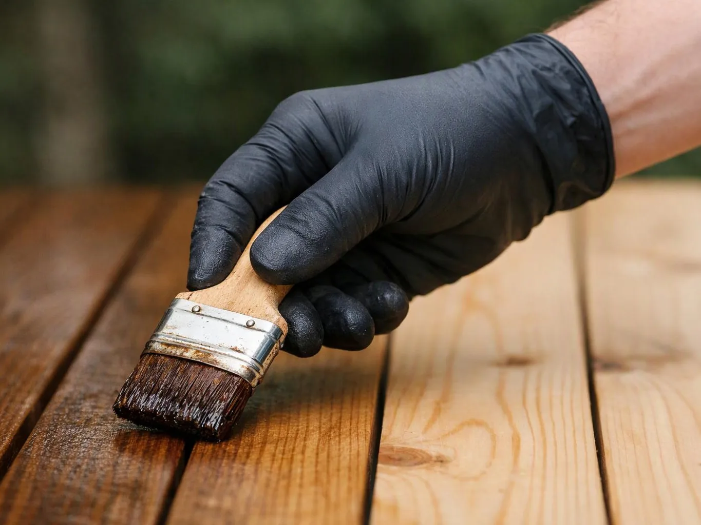 A black-gloved hand brushes dark stain onto wooden boards outdoors