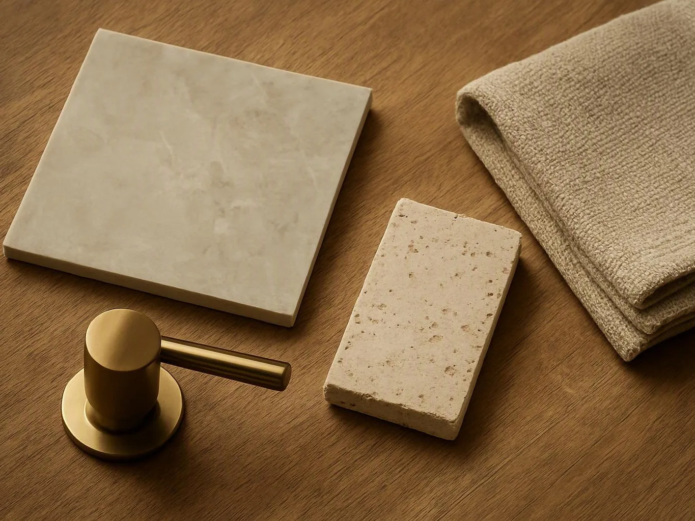 A brass pump handle, two stone tiles, and a folded beige towel rest on a wooden surface