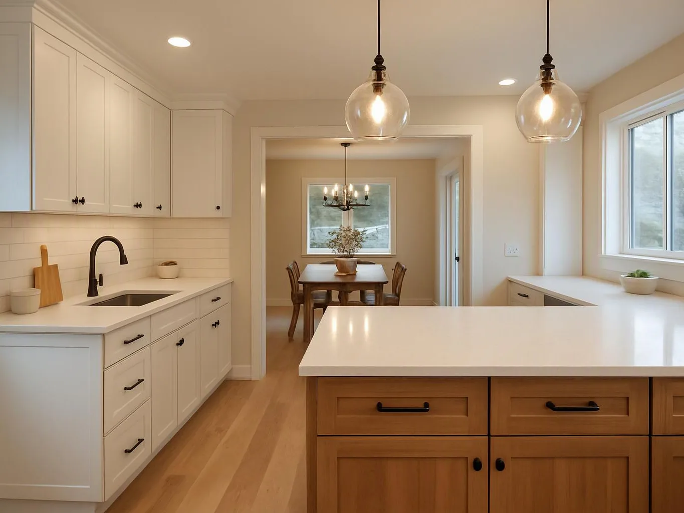 Bright kitchen with white cabinets, wood island, black faucet, and a dining room visible through an open doorway