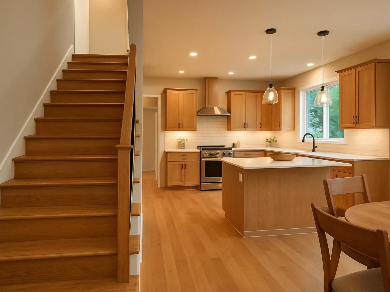 A bright kitchen with wood cabinets, an island, and pendant lights sits beside a wooden staircase