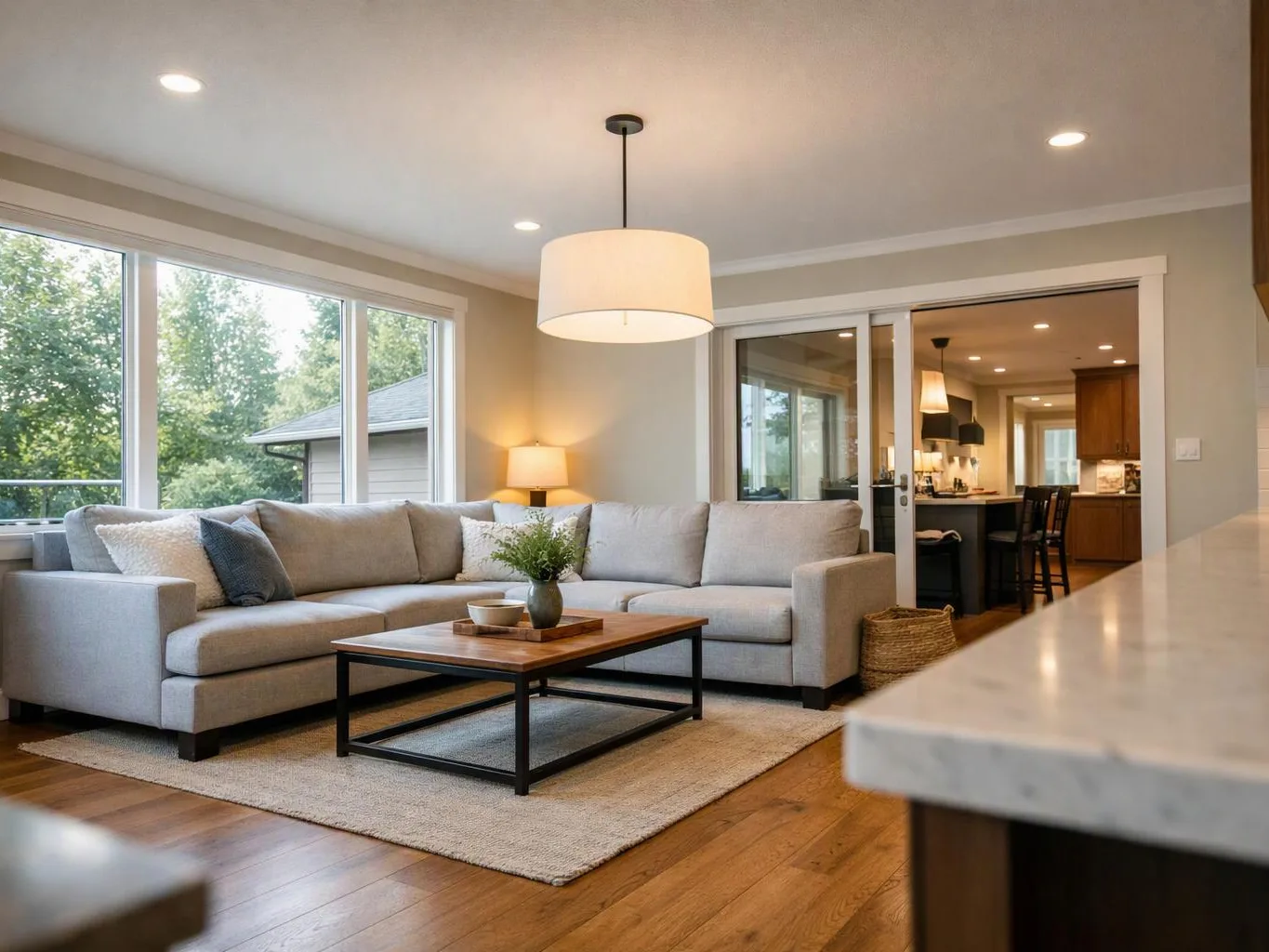A bright living room shows a gray sectional, wood coffee table, large windows, and an open view into the kitchen