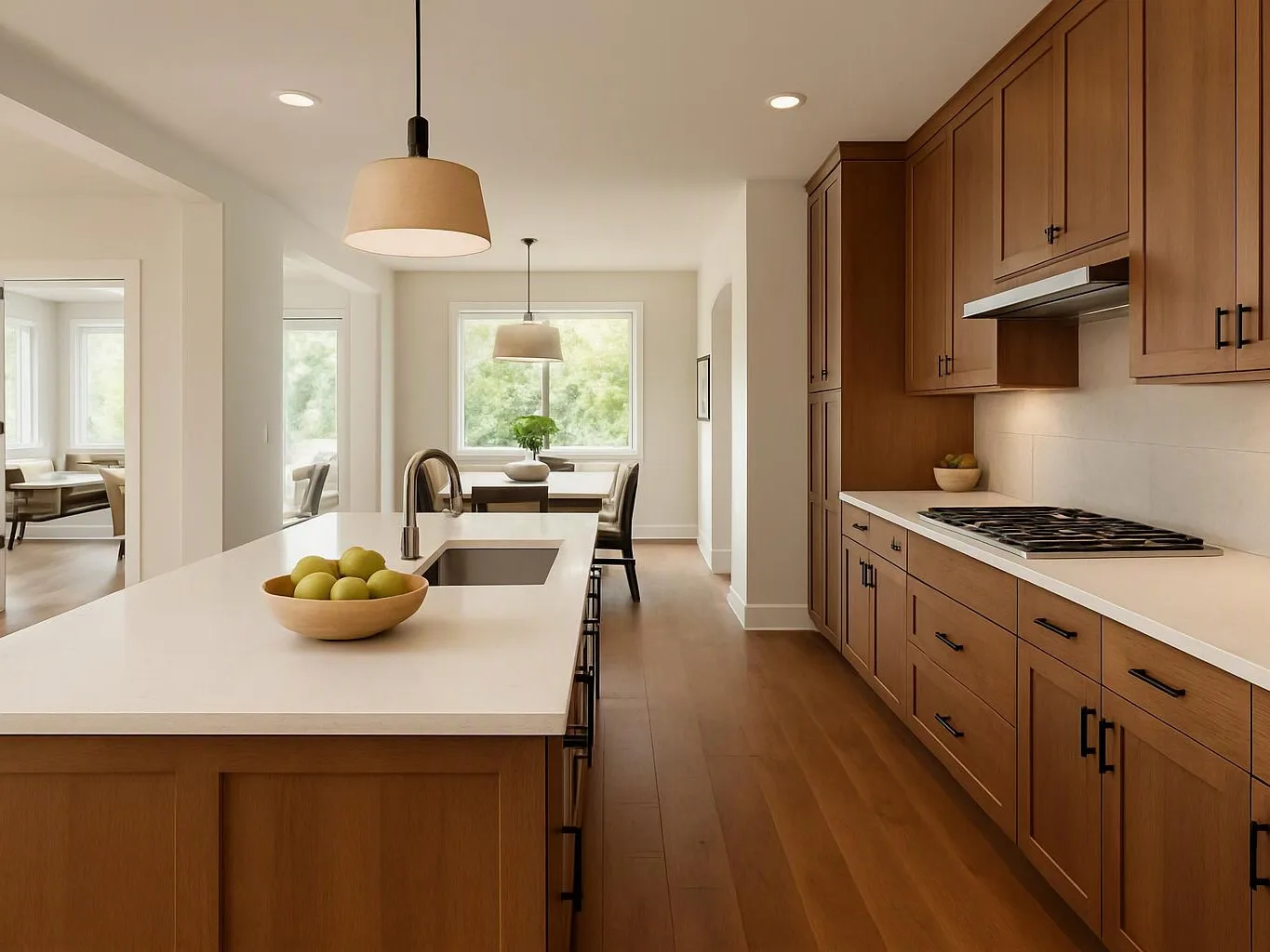 A bright modern kitchen shows wood cabinets, a white island with fruit, and a dining nook by the window