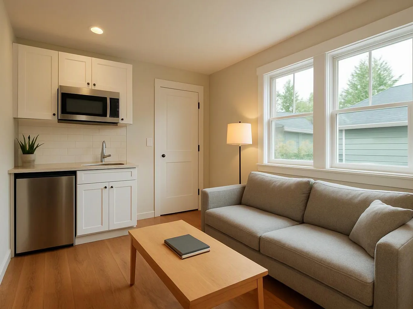 A bright small living room with a compact kitchen, gray sofa, coffee table, and tall window lighting the space