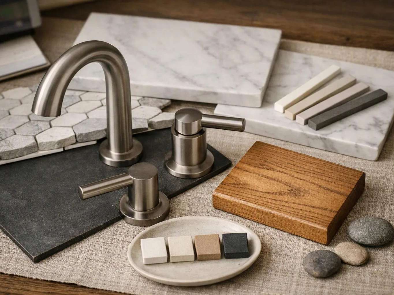 A brushed metal faucet and two handles sit among stone, marble, wood, and color sample materials on a tabletop