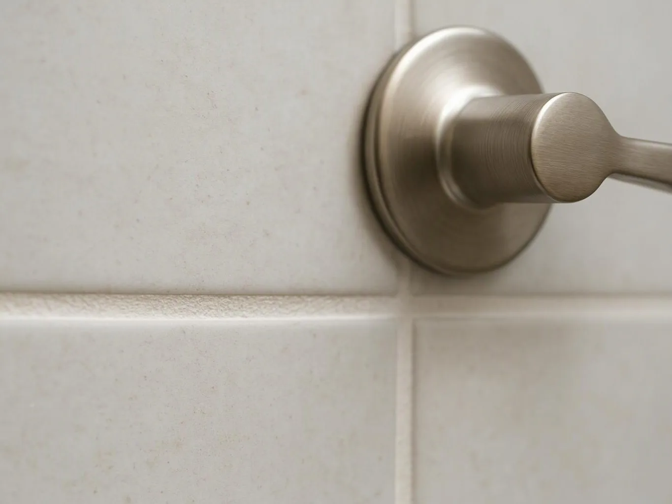 A brushed metal hook is mounted on a white tiled wall
