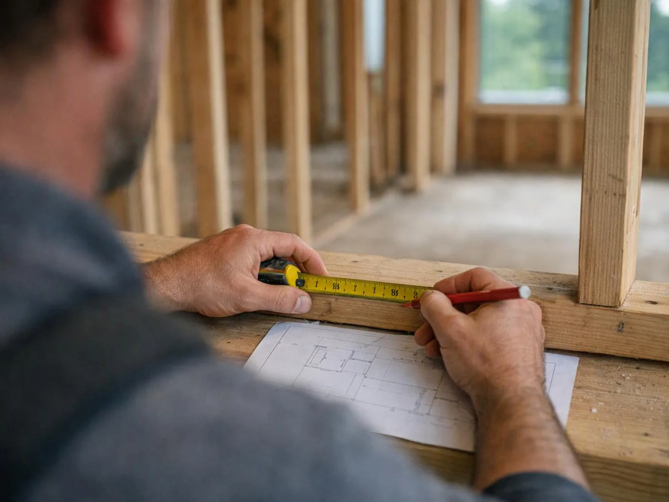 A carpenter measures a wooden frame with a tape and marks a plan on paper inside an unfinished room