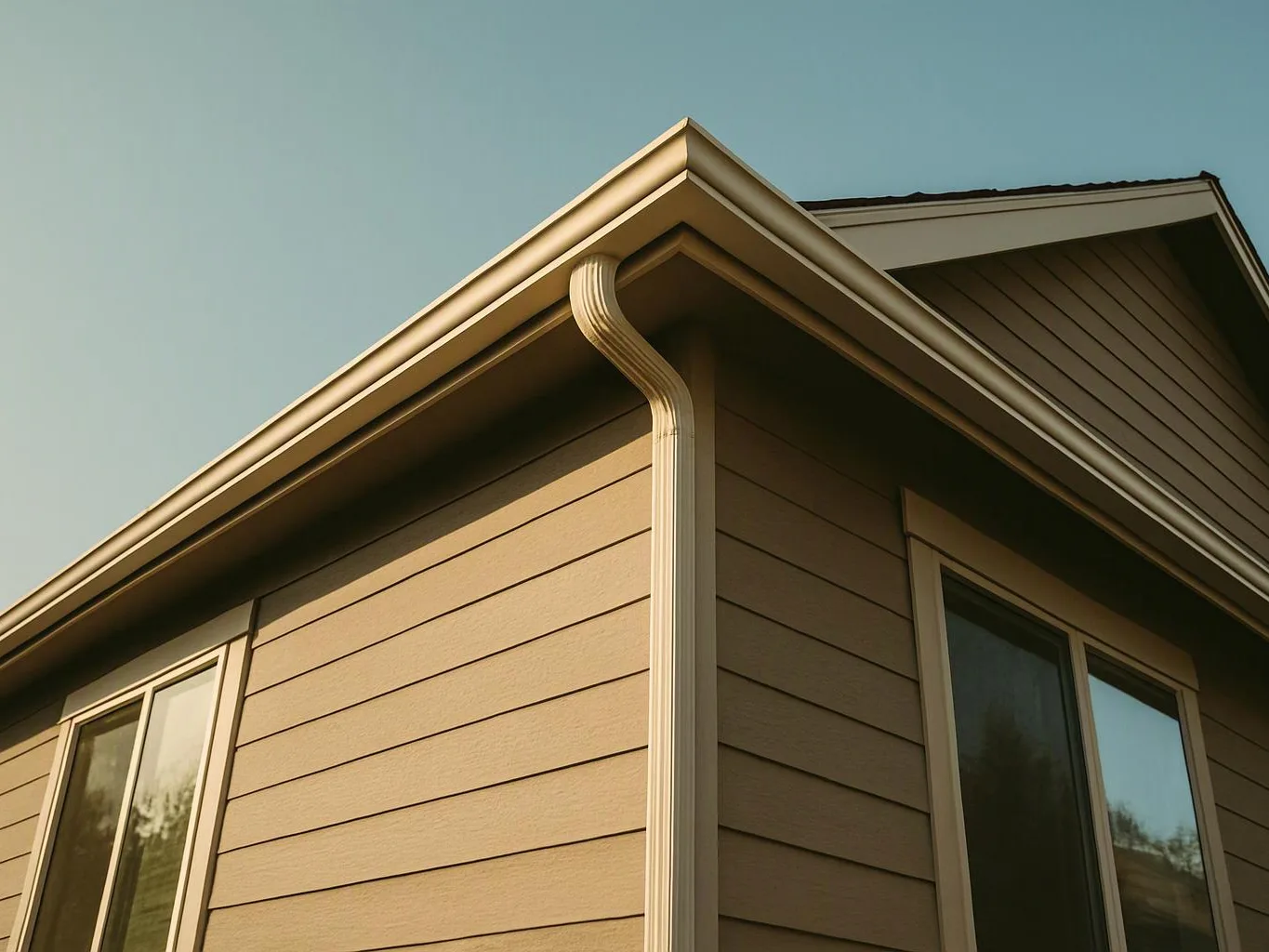 Close-up of a beige house corner with siding, roof eaves, gutters, and two windows against a clear sky