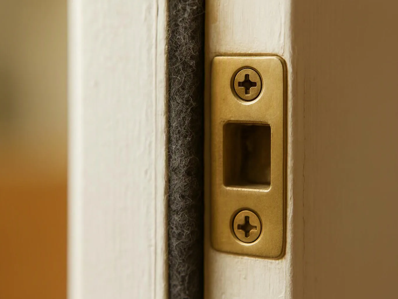 Close-up of a brass door latch plate on a white painted door frame with a dark weatherstrip gap