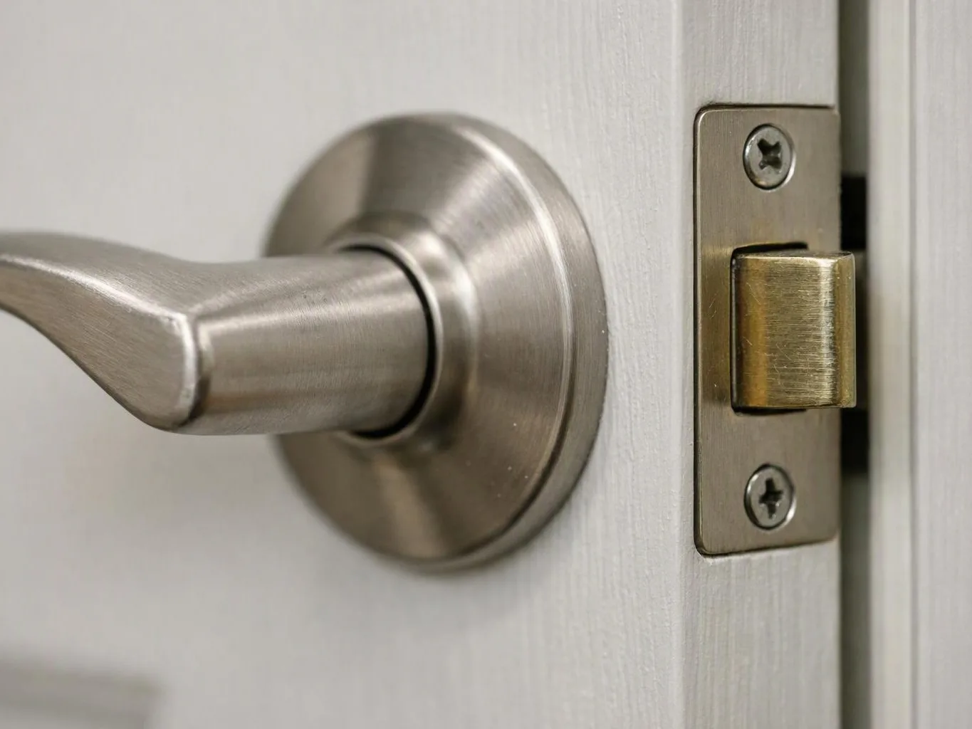 Close-up of a brushed metal door handle and latch on a white painted door