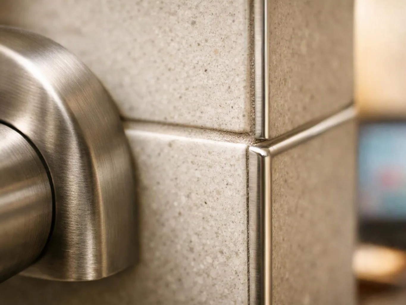 Close-up of a brushed metal knob beside beige tiled wall corners with shallow focus