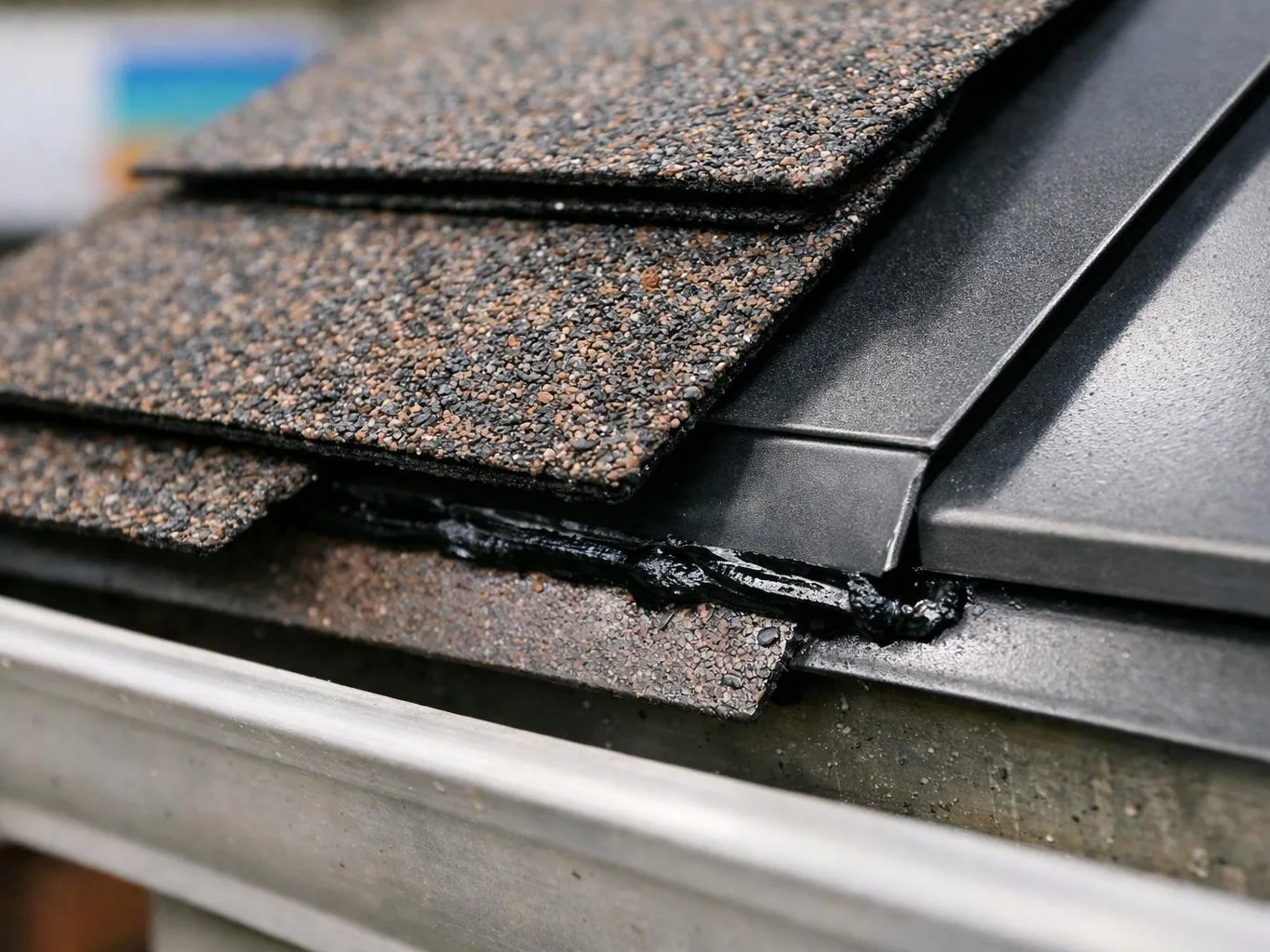 Close-up of layered roof shingles meeting a dark metal flashing strip on a sloped surface