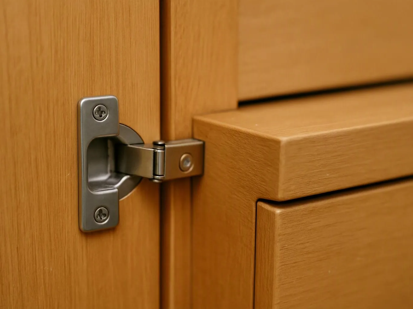 Close-up of a metal cabinet hinge connecting two light wood panels