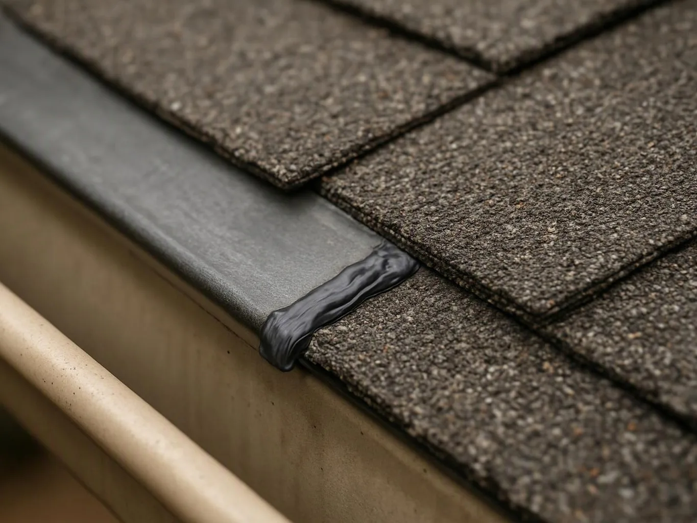 Close-up of shingle roof edge with dark sealant around flashing and a gutter below