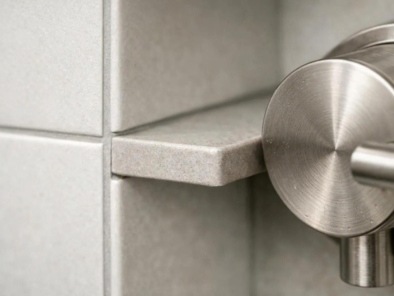 Close-up of a stainless steel shower shelf and bracket against pale tiled wall