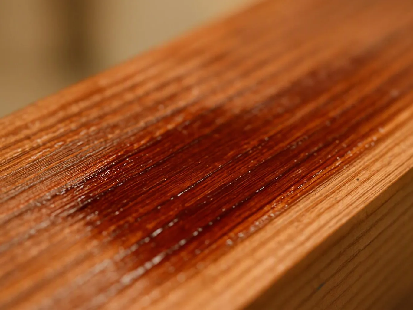 Close-up of a varnished wooden surface with a dark reddish streak across the grain