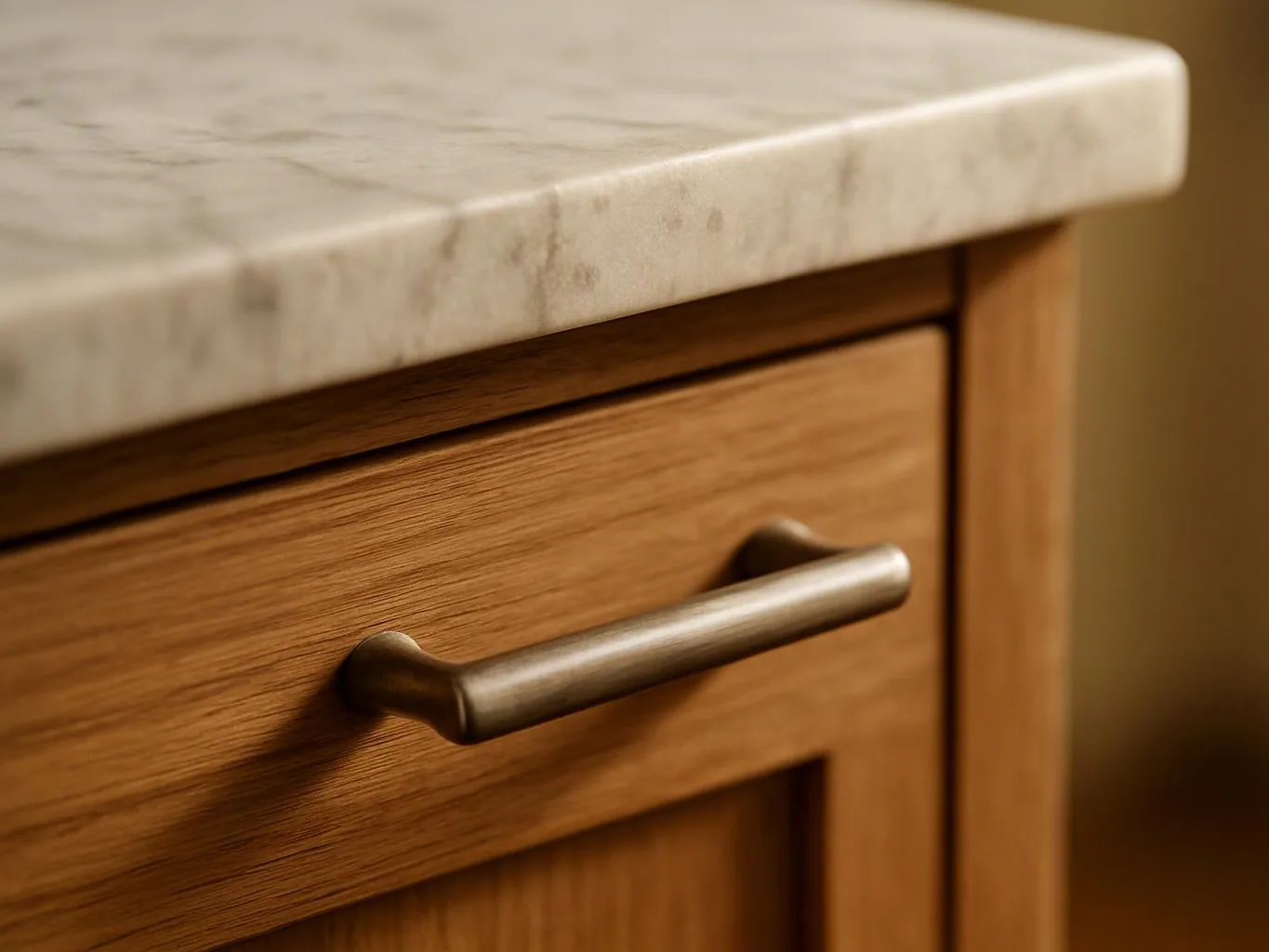 Close-up of a wooden cabinet drawer with a metal handle beneath a light stone countertop