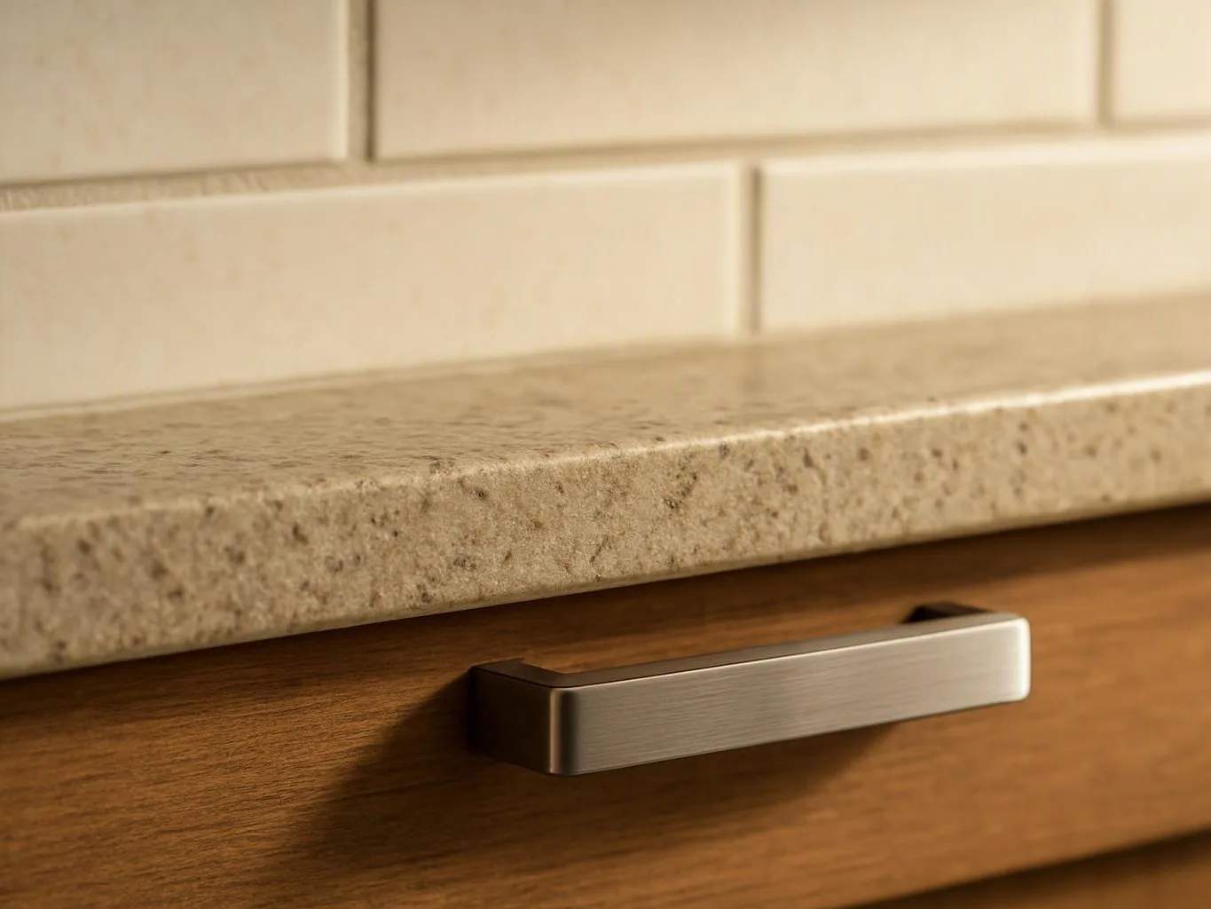 Close-up of a wooden cabinet with a stone countertop and a brushed metal handle beneath white tiles