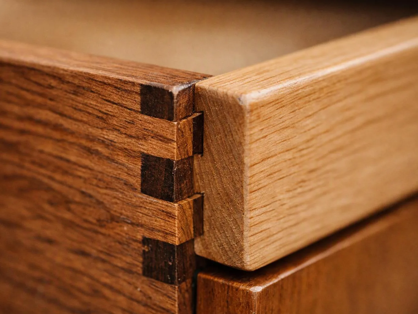 Close-up of a wooden dovetail joint connecting two smooth drawer corners
