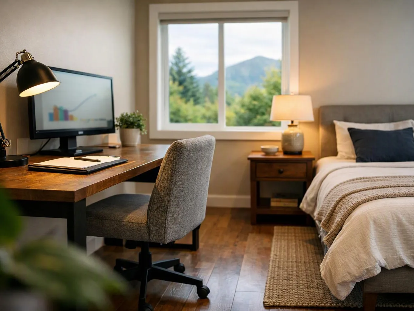 A cozy bedroom shows a desk, chair, bed, lamp, and window with mountains outside