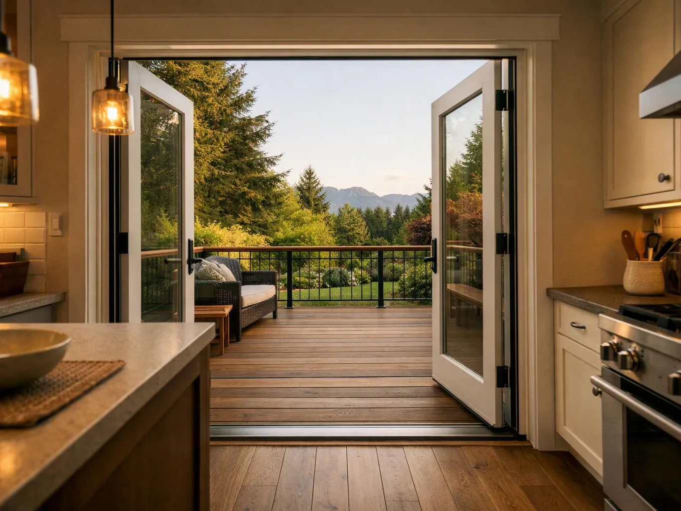 A cozy kitchen opens to a wooden deck with chairs, trees, and distant mountains through wide French doors