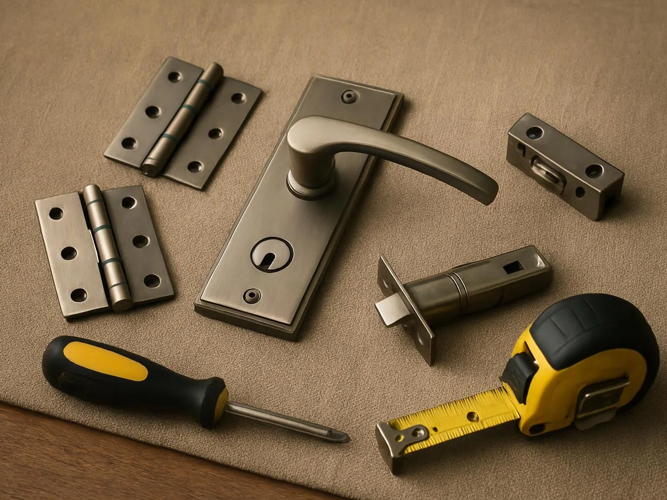 Door hardware pieces and a yellow tape measure lie on a beige surface with a screwdriver