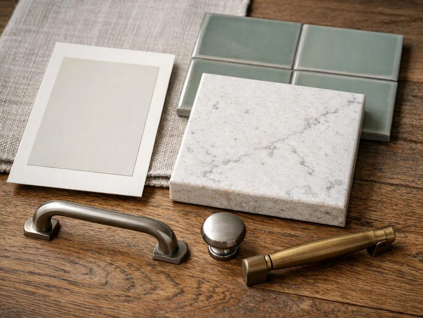 A flat lay shows cabinet hardware samples, paint swatches, and stone and tile tiles on a wooden surface
