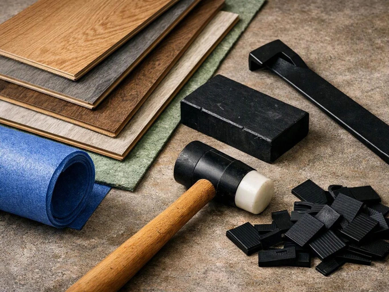 Flooring samples, a mallet, and black clips are arranged on a work surface