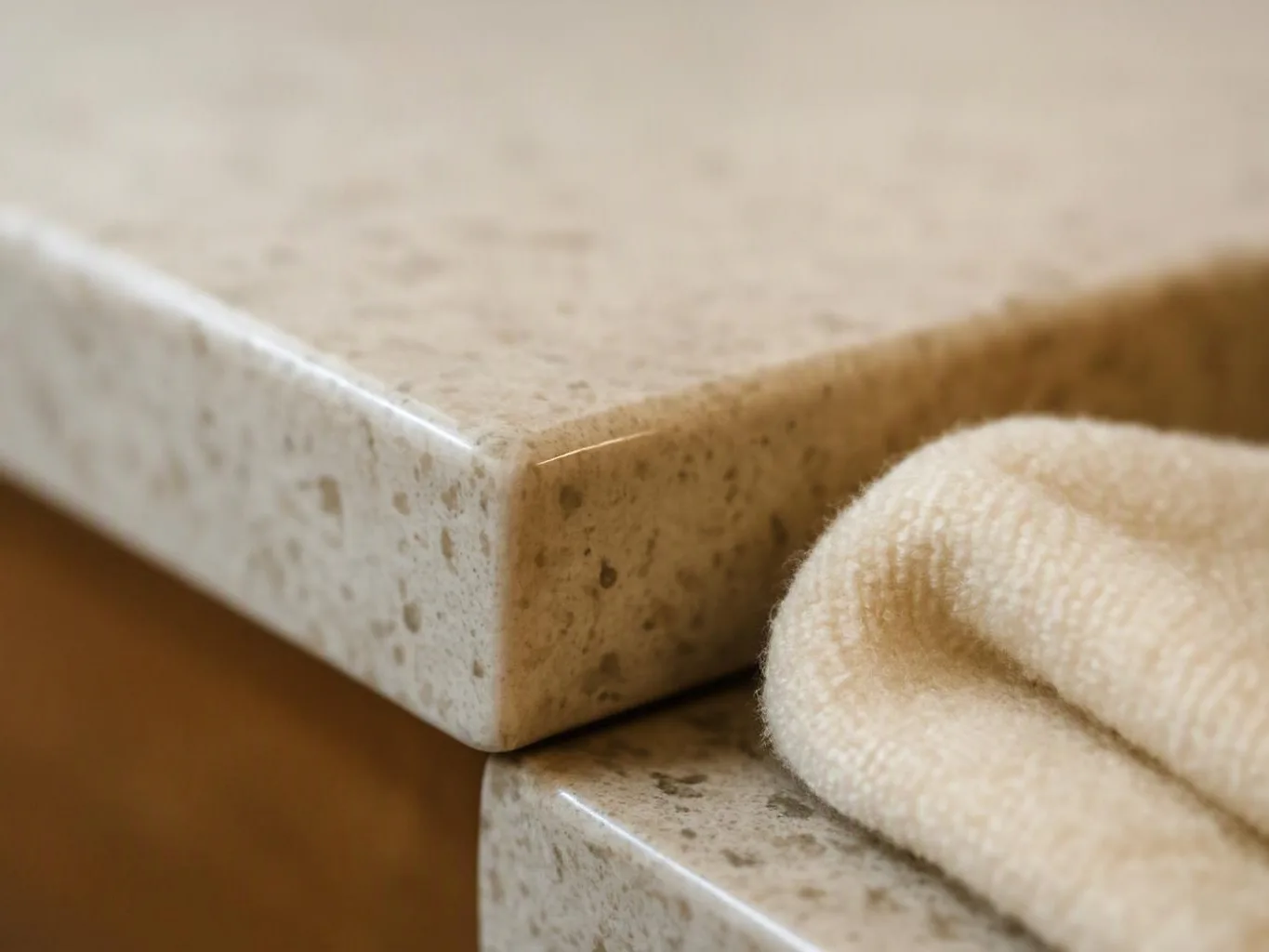 A folded beige cloth rests beside a speckled stone countertop corner