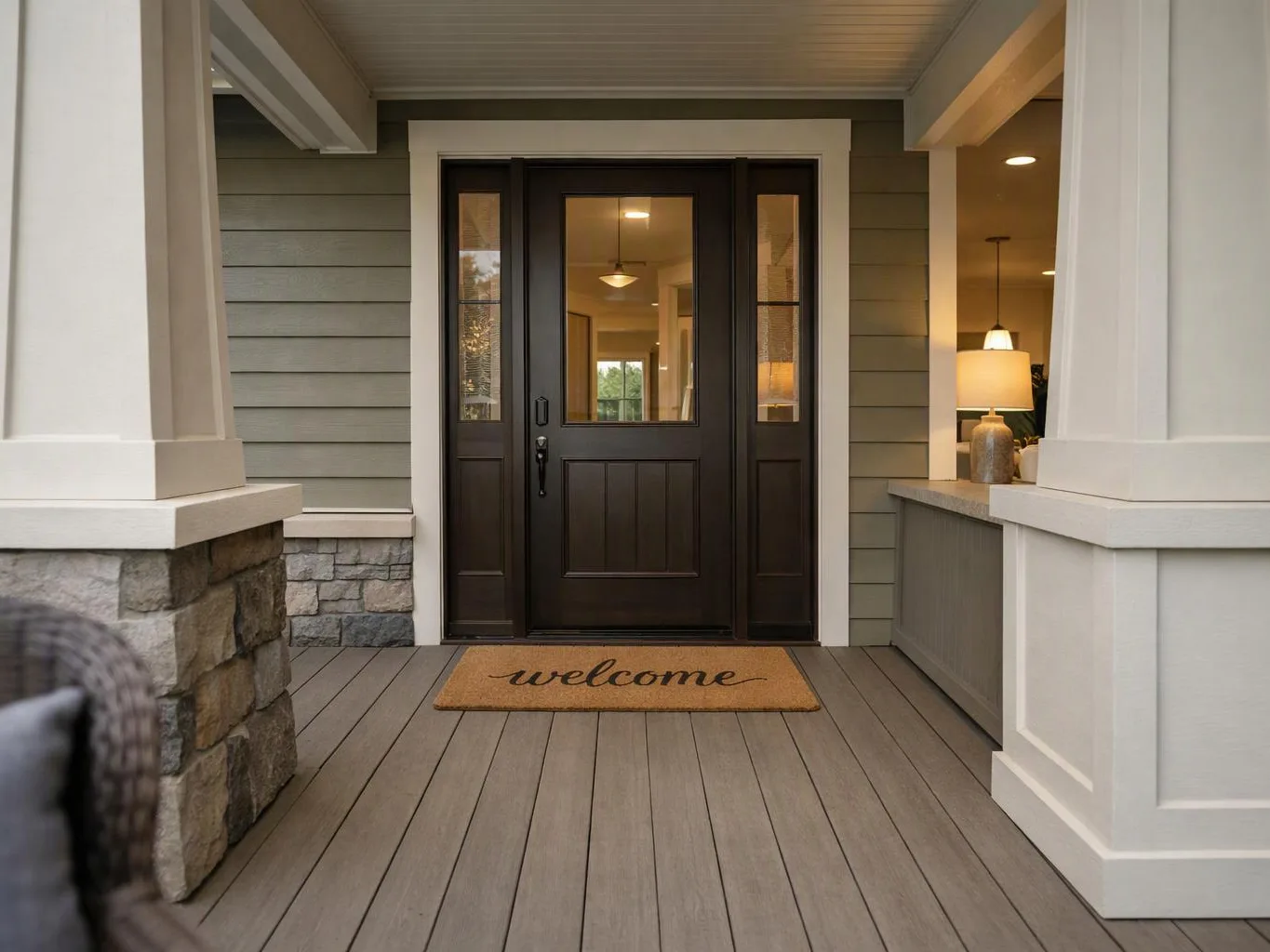 A front porch with a dark glass door, lit interior, and a welcome mat sits between white columns and stone accents