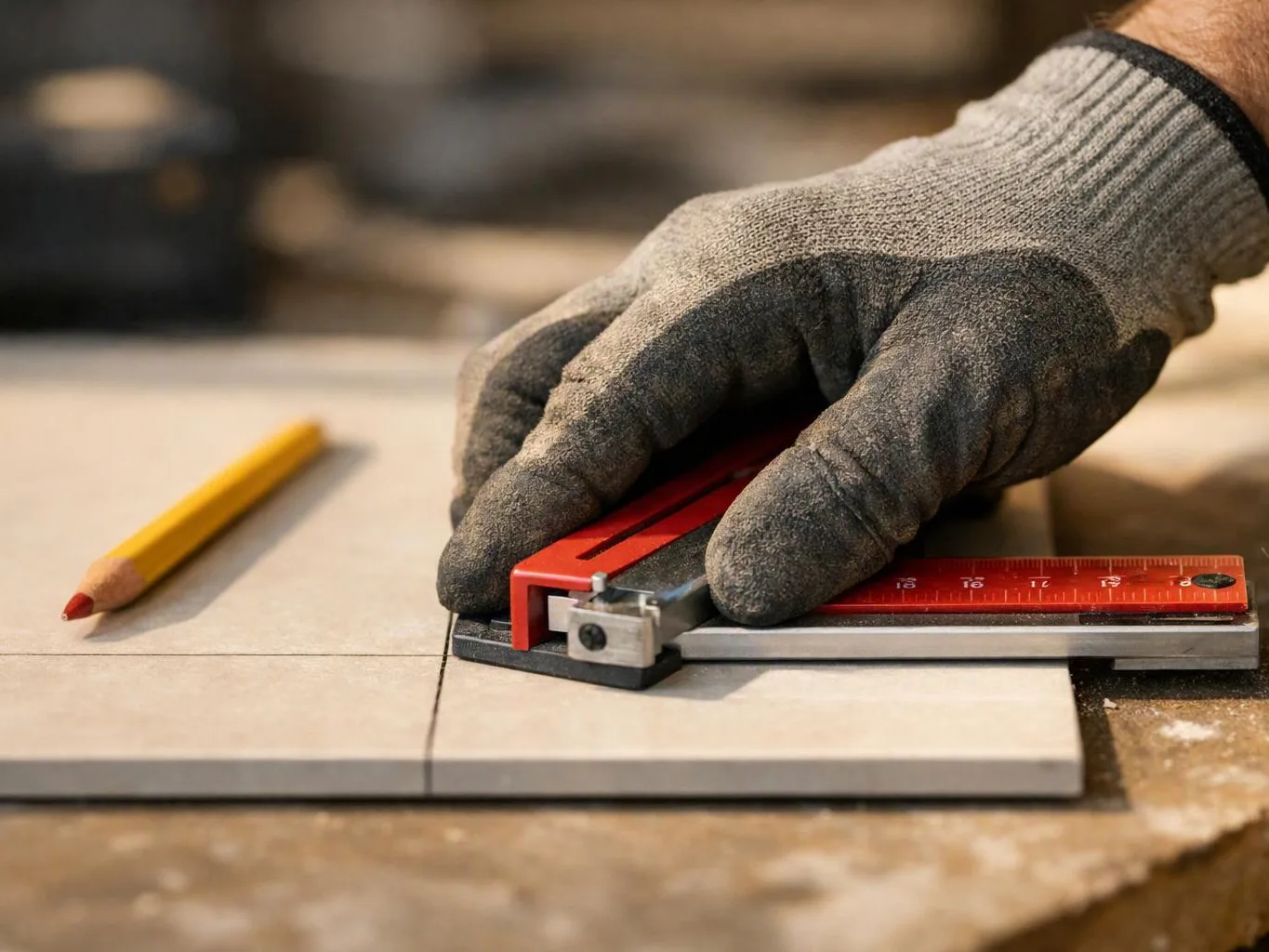 Gloved hand guides a red tile cutter beside a pencil on a tiled work surface
