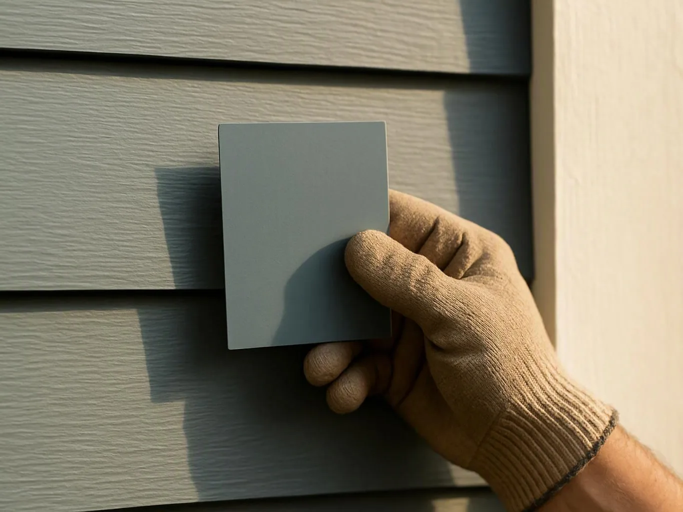 A gloved hand holds a gray paint sample against textured siding in bright sunlight