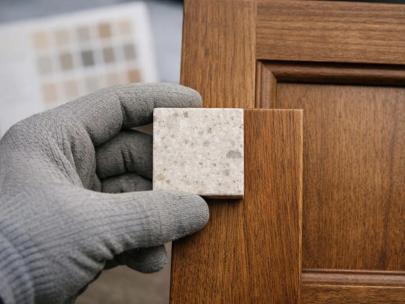 A gloved hand holds a light stone sample against a wooden cabinet door, with blurred samples behind it