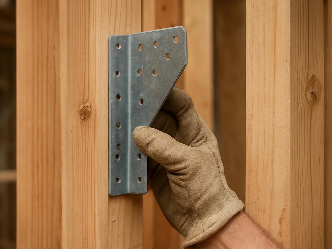 A gloved hand holds a metal bracket against a wooden frame during construction
