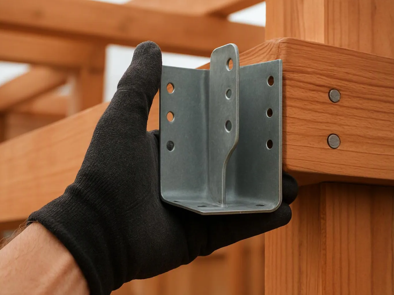 A gloved hand holds a metal bracket against a wooden beam outdoors