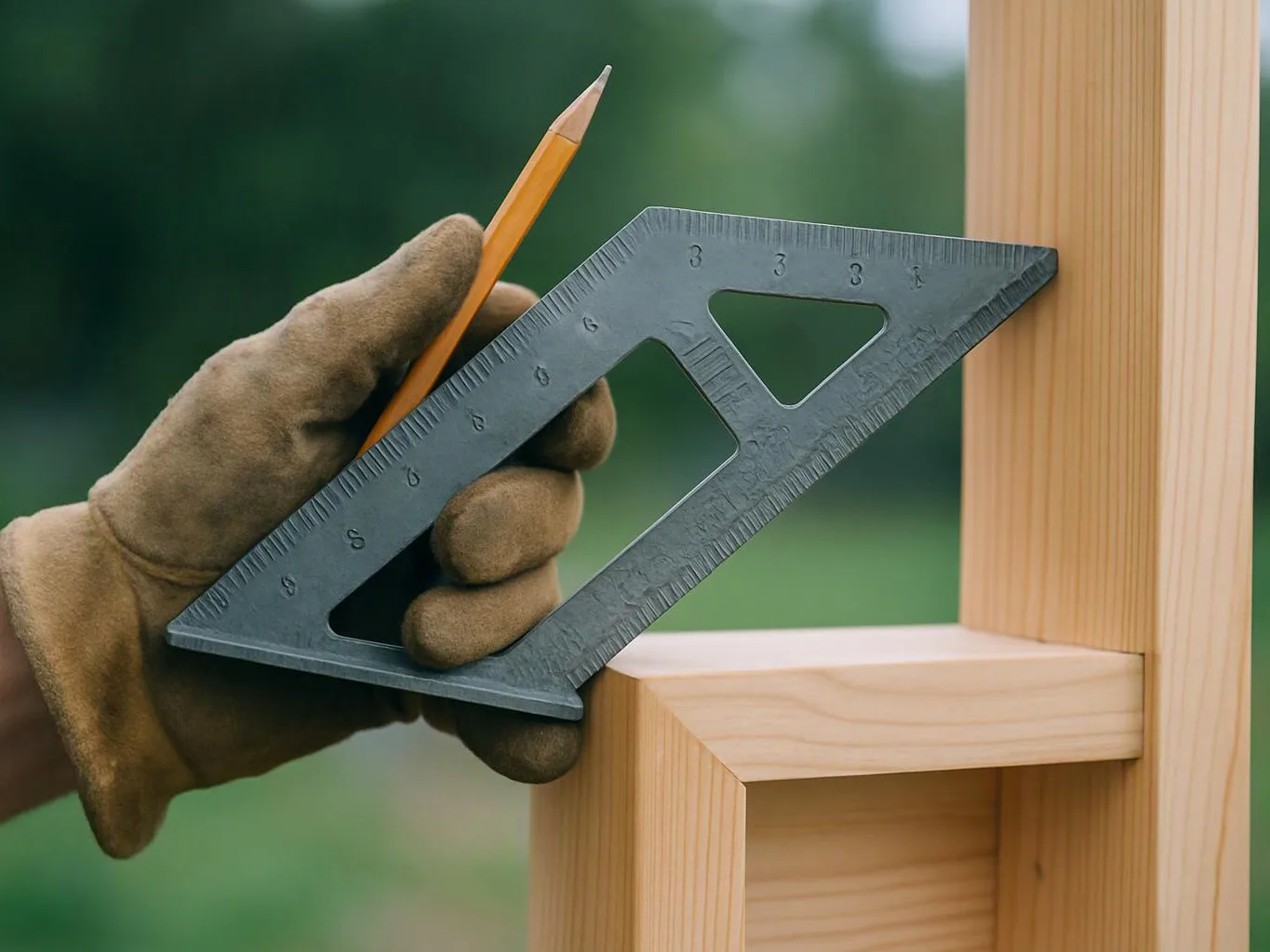 A gloved hand holds a pencil and metal square against a wooden frame outdoors