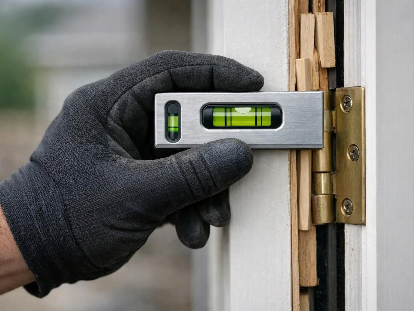 A gloved hand holds a small spirit level against a door hinge on a white frame
