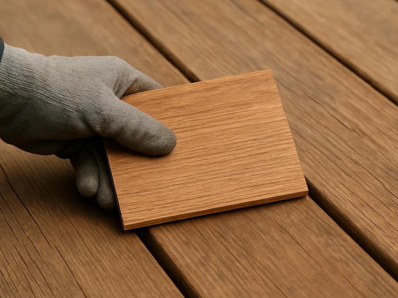 A gloved hand holds a small wood sample over matching wooden planks