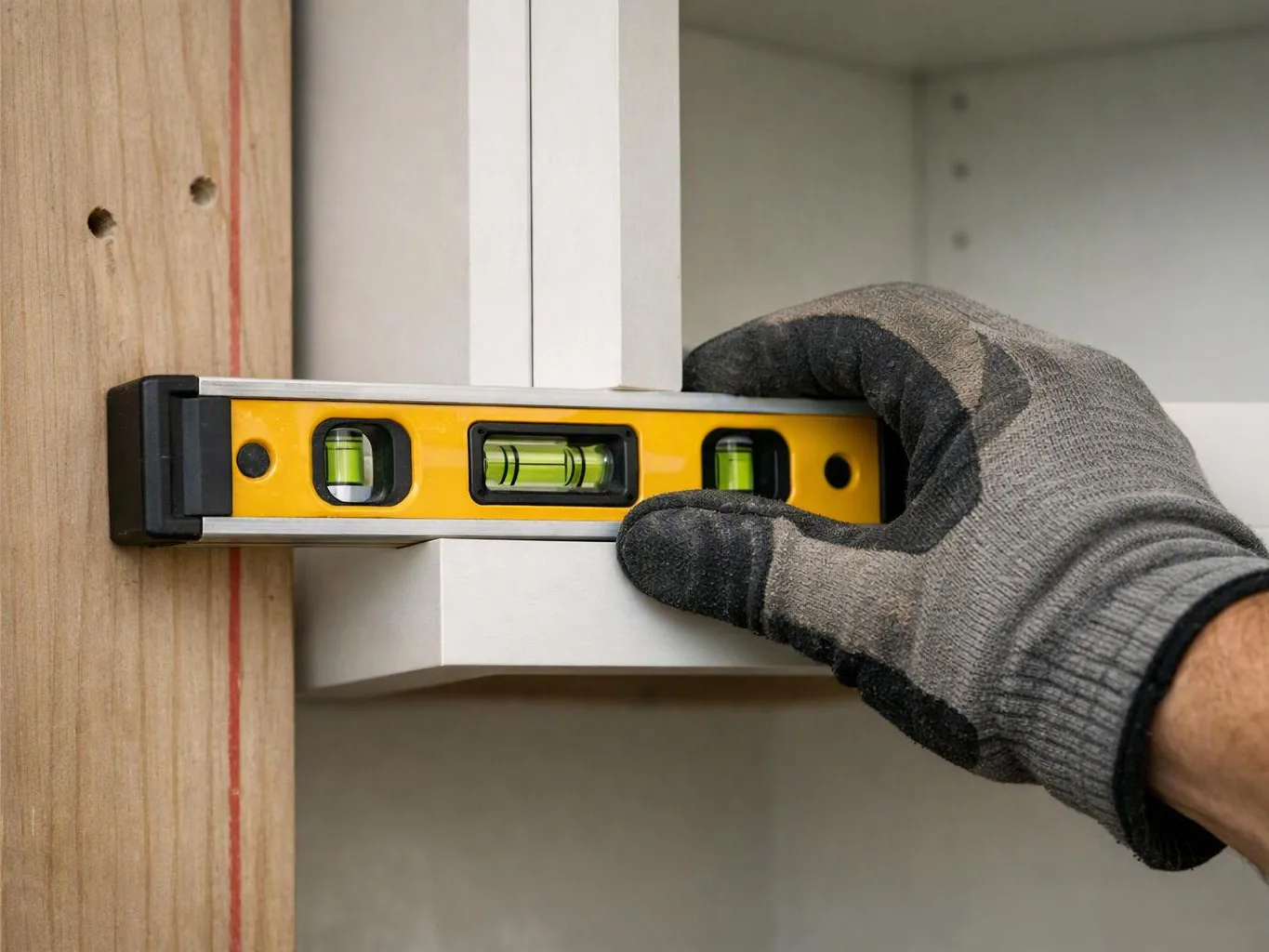 A gloved hand holds a spirit level against a white cabinet beside a wooden board